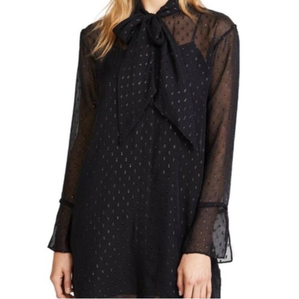 Theory silk blend front tie swiss dot mini dress long tunic top black sz 2